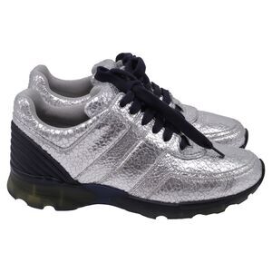 Chanel CC Crackled Accent Sneakers in Metallic Silver Calf Leather